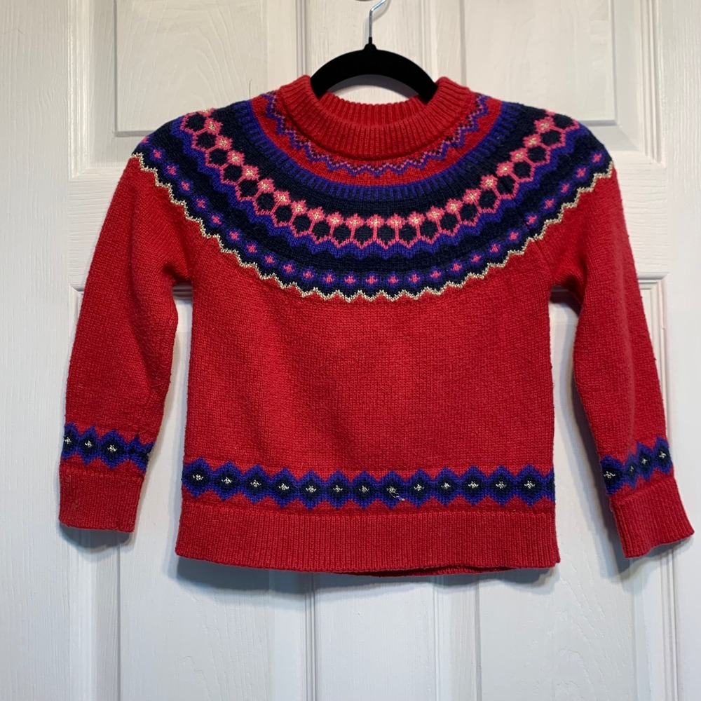 Crewcuts Sweater XS 4-5 Red Fair Isle Wool Blend Tight Knit Cozy Festive Warm